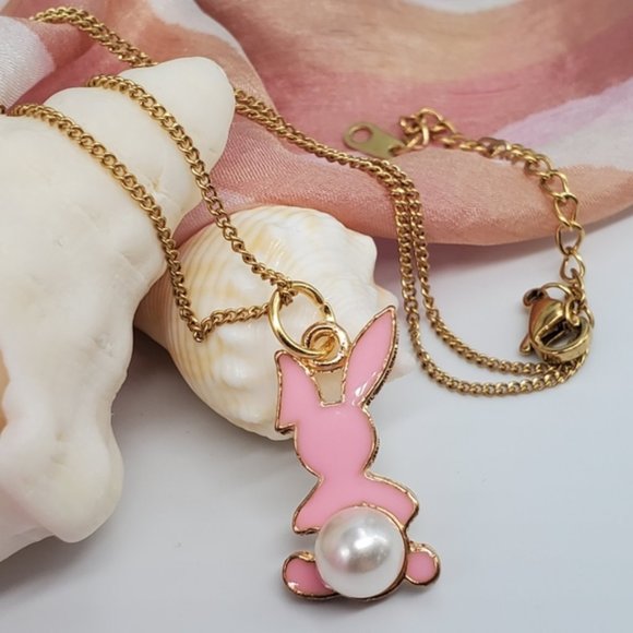 Baby Rabbit Bunny's Pink Enameled Faux Pearl Gold Chain Necklace - Picture 3 of 6
